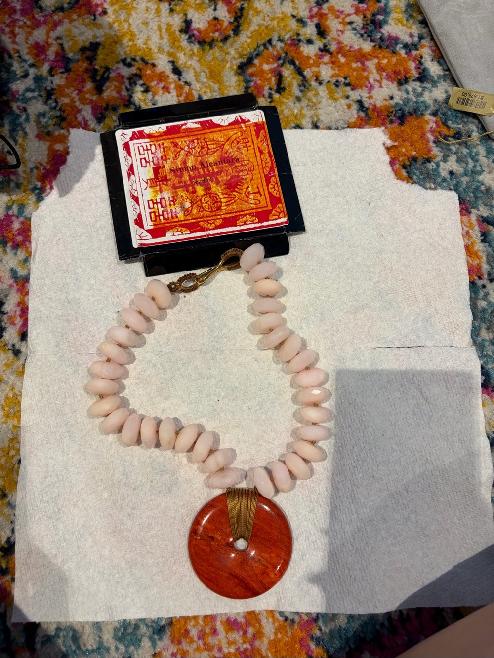 Rare Simon alcantara Handcrafted Pink Bead Necklace with Amber Pendant